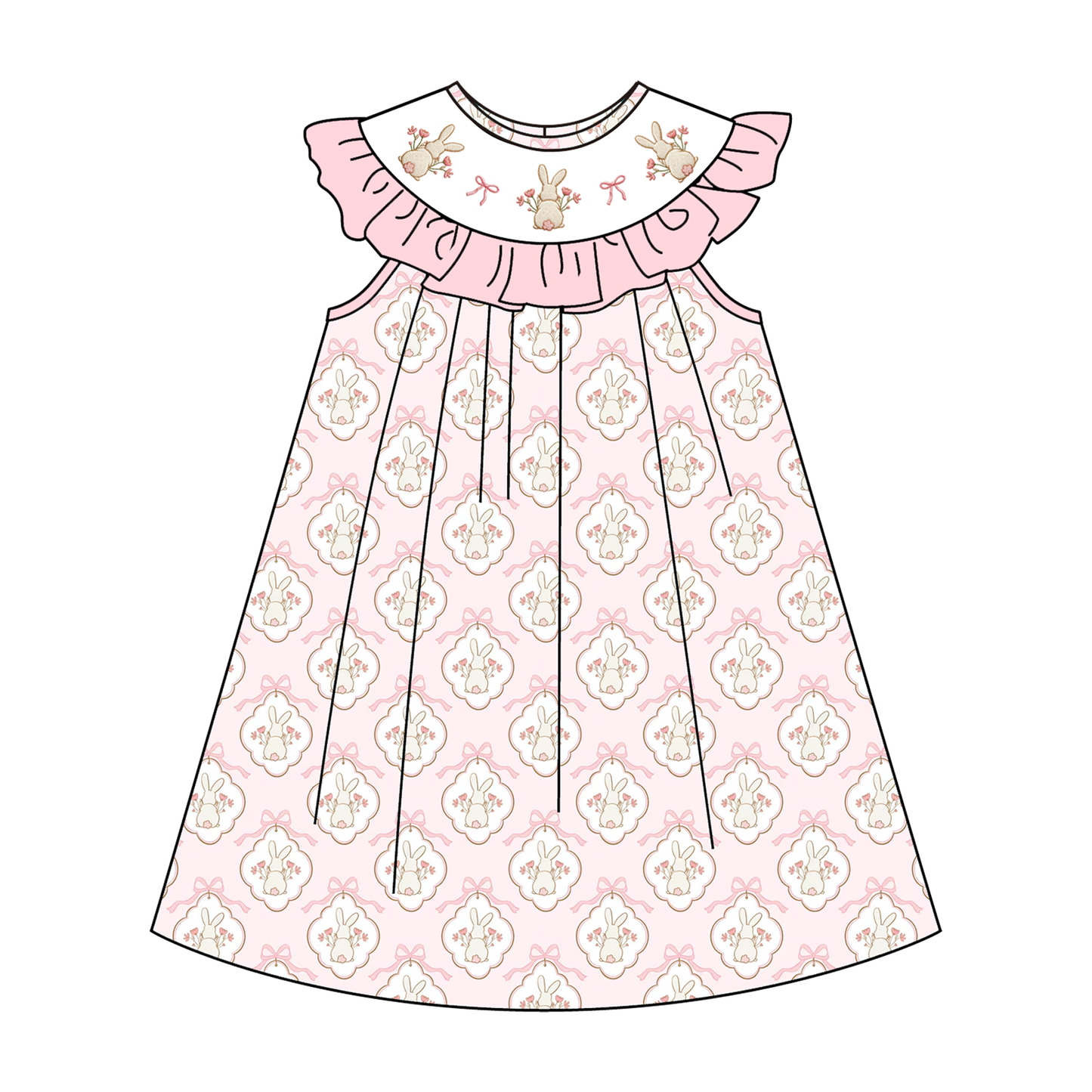 Easter Summer Pink Bunny Bow Embroidery Smock Dress & Romper