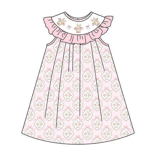 Easter Summer Pink Bunny Bow Embroidery Smock Dress & Romper