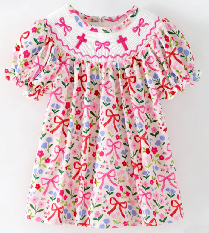 Spring Summer Smocked Embroidery Floral Print Dress with Custom Name – Girls Boutique Bishop Dress