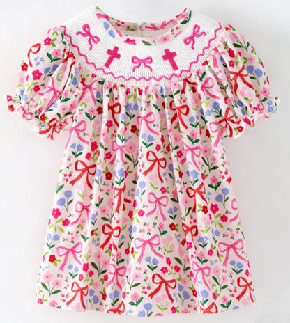 Spring Summer Smocked Embroidery Floral Print Dress with Custom Name – Girls Boutique Bishop Dress
