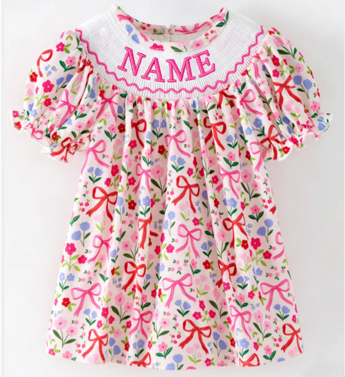 Spring Summer Smocked Embroidery Floral Print Dress with Custom Name – Girls Boutique Bishop Dress