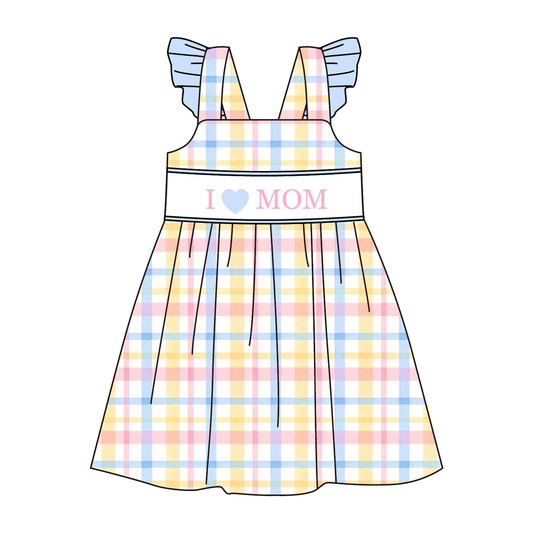 Smocked Mother's Day Kids Collection – Embroidered I LOVE MOM Plaid Outfits