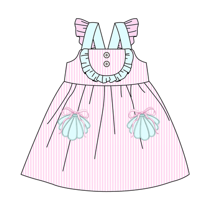 Summer Pink Stripes Shell Embroidery Girls Dress Romper Set Collection