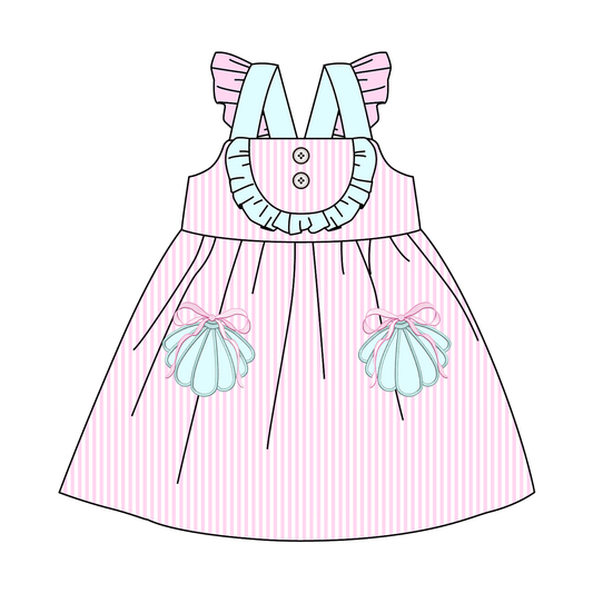 Summer Pink Stripes Shell Embroidery Girls Dress Romper Set Collection