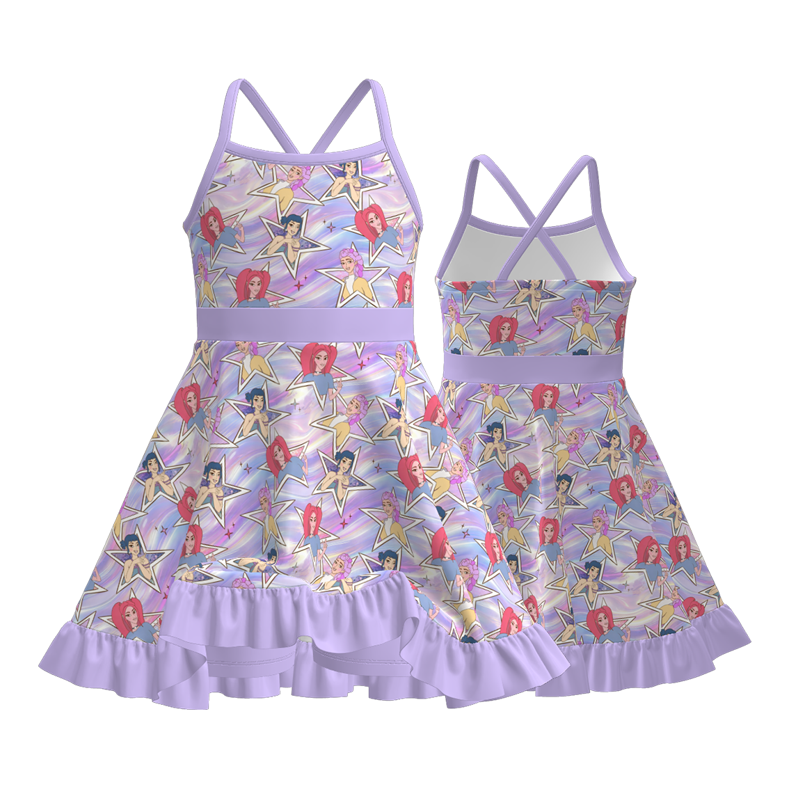 Girls K-POP Print Dress Collection – Flutter Sleeve, Crossback, and Ruffle Hem Styles