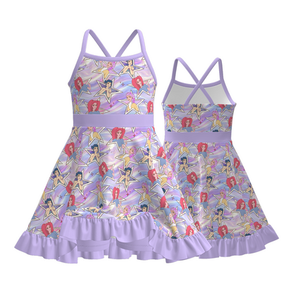 Girls K-POP Print Dress Collection – Flutter Sleeve, Crossback, and Ruffle Hem Styles