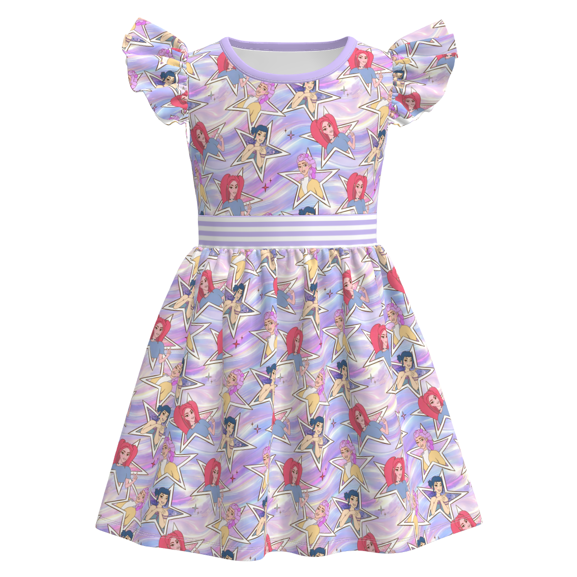 Girls K-POP Print Dress Collection – Flutter Sleeve, Crossback, and Ruffle Hem Styles