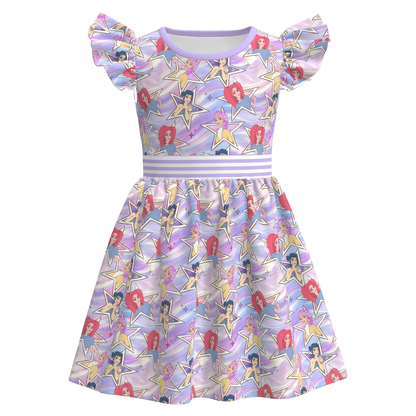Girls K-POP Print Dress Collection – Flutter Sleeve, Crossback, and Ruffle Hem Styles