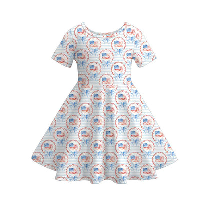 4th of July Girls Outfit – Patriotic USA Flag Bow Print Dress, Toddler Top & Shorts Set, Baby Bloomer Outfit