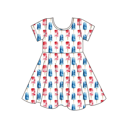 2026 July 4th Blue Red Flag Print Kids Shirt & Dress