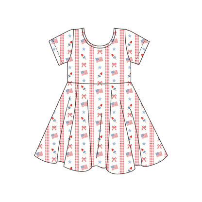 2026 July 4th Blue Red Flag Print Kids Shirt & Dress