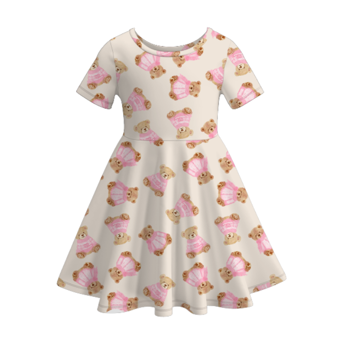 Kids Summer Bear Bow Fashion Print Twirl Dress