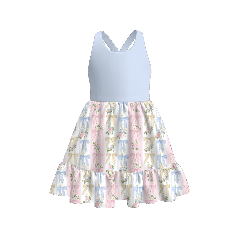 Kids Summer Pink Blue Floral Fashion Print Twirl Dress
