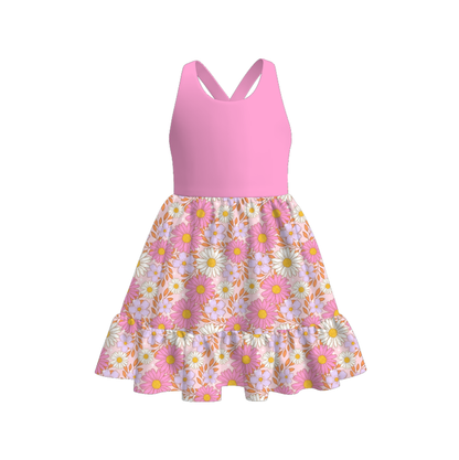 Kids Summer Pink Blue Floral Fashion Print Twirl Dress