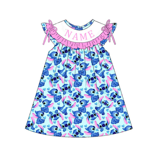 Summer Girls Blue Cartoon Custom Name Smocked Embroidery Set Collection