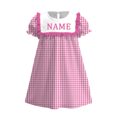 Summer Muti-Colors Plaid Custom Name Embroidery Short Sleeves Dress