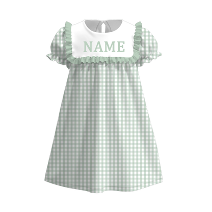 Summer Muti-Colors Plaid Custom Name Embroidery Short Sleeves Dress