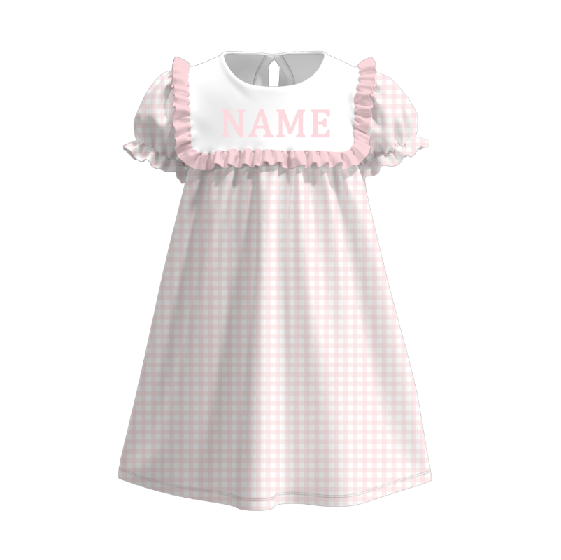 Summer Muti-Colors Plaid Custom Name Embroidery Short Sleeves Dress