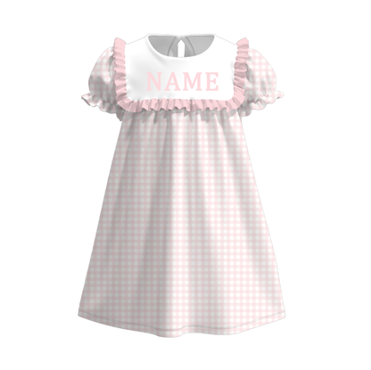 Summer Muti-Colors Plaid Custom Name Embroidery Short Sleeves Dress