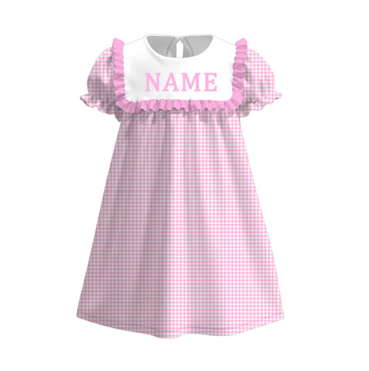 Spring Summer Plaid Custom Name Embroidery Short Sleeves Dress