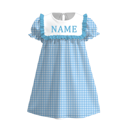Spring Summer Plaid Custom Name Embroidery Short Sleeves Dress