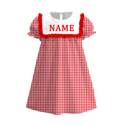 Spring Summer Plaid Custom Name Embroidery Short Sleeves Dress