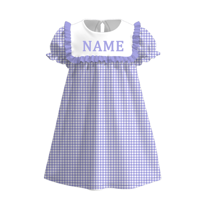 Spring Summer Plaid Custom Name Embroidery Short Sleeves Dress