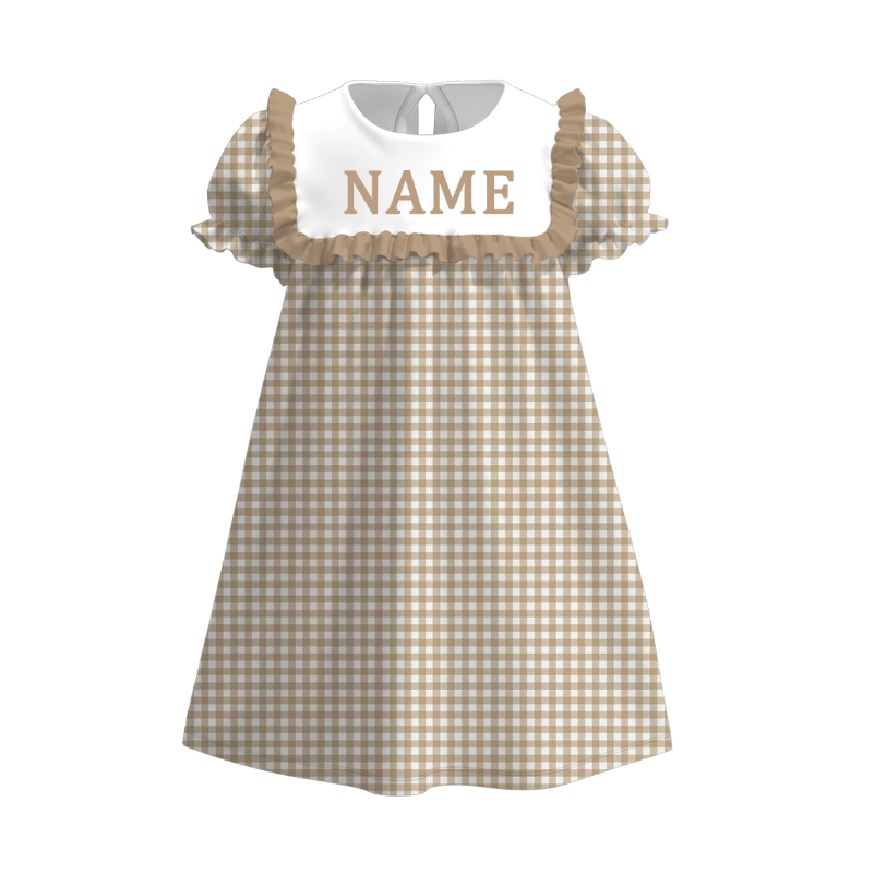 Spring Summer Plaid Custom Name Embroidery Short Sleeves Dress