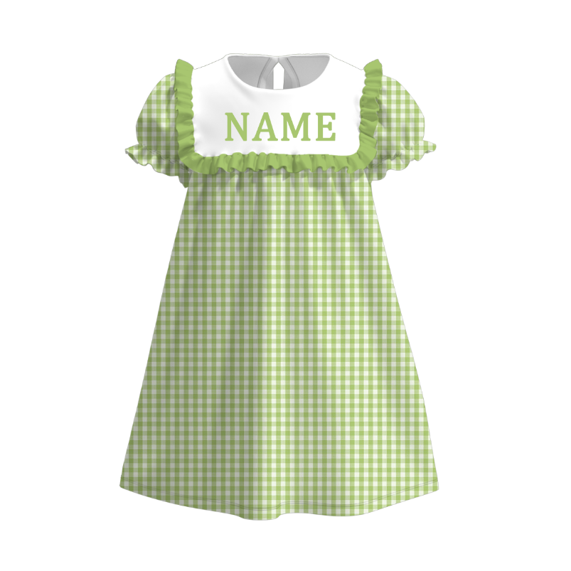 Spring Summer Plaid Custom Name Embroidery Short Sleeves Dress