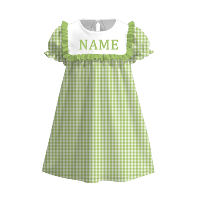 Spring Summer Plaid Custom Name Embroidery Short Sleeves Dress