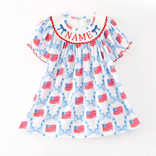 July 4th Blue Red Custom Name Embroidery Smock Outfits