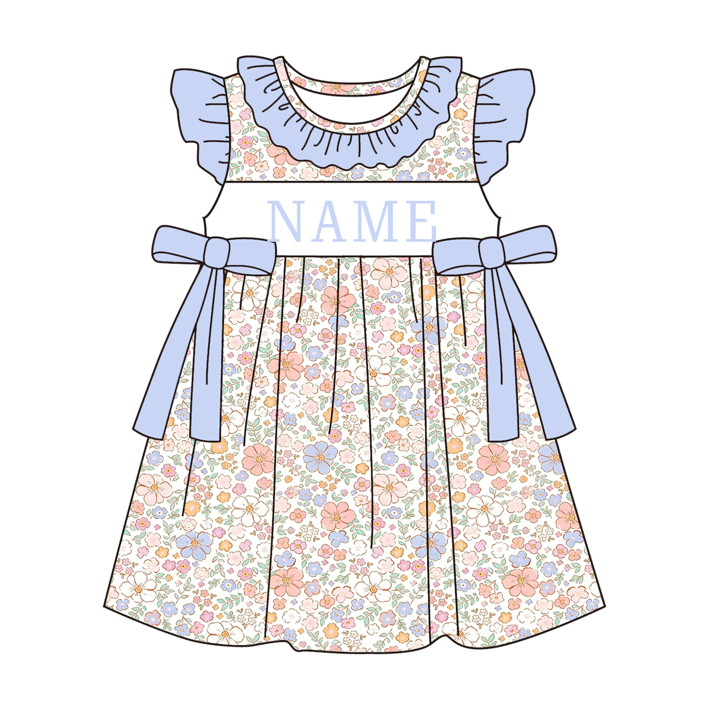 Summer Blue Floral Custom Name Smocked Embroidery Collection