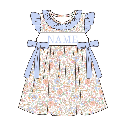 Summer Blue Floral Custom Name Smocked Embroidery Collection