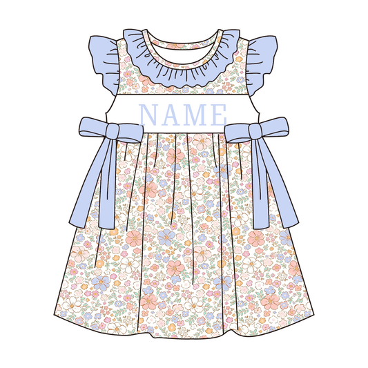Summer Blue Floral Custom Name Smocked Embroidery Collection