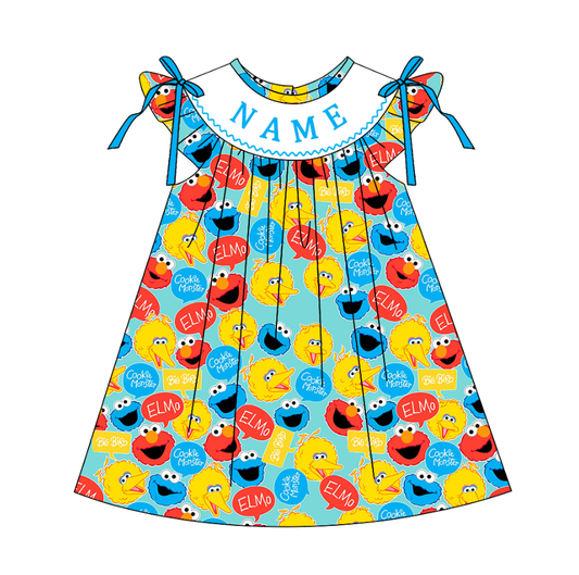 Smocked SESAME STREET Kids Collection – Embroidered Blue Custom Name Outfits