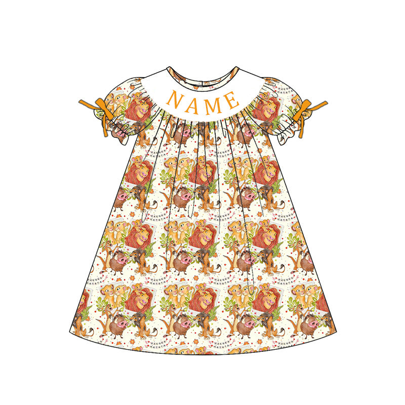 Girls Smocked Embroidery Outfit Set – Personalized Name Cartoon Lion Collection Dress, Romper & Matching Sets
