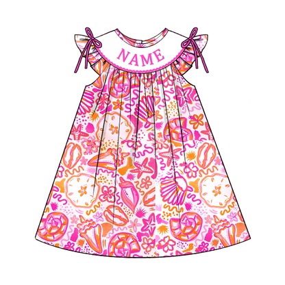 Summer Girls Beach Print Custom Name Smocked Embroidery Set Collection