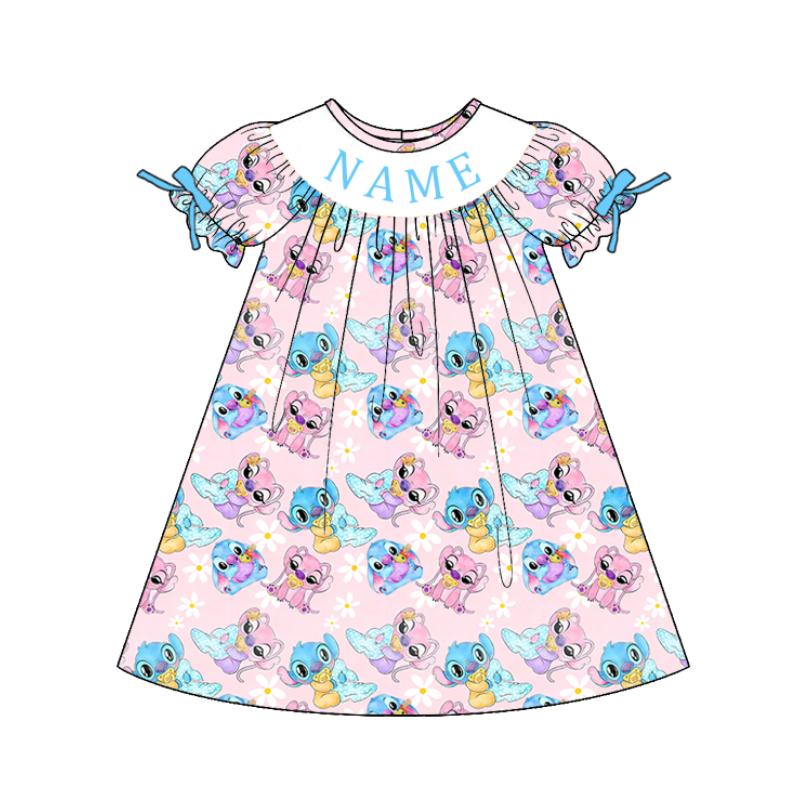 Girls Smocked Cartoon Outfit Set – Personalized Name Pink Dress, Romper & Blue Matching Sets