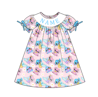 Girls Smocked Cartoon Outfit Set – Personalized Name Pink Dress, Romper & Blue Matching Sets