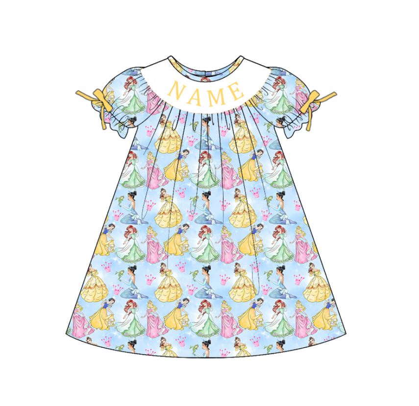 Personalized Girls Princess Smocked Outfit – Blue Cartoon Dress, Romper & Yellow 2-Piece Sets