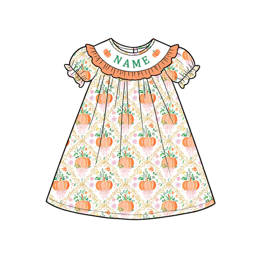 Kids Personalized Pumpkin Embroidery Collection | Custom Name Halloween Outfit | Dress, Bubble Romper, Jon Jon & Boys Set