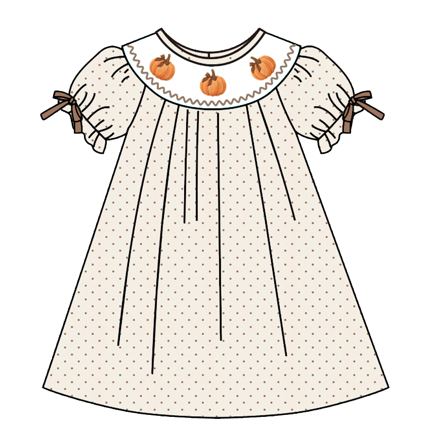Girls Fall Pumpkin Smocked Embroidery Sibling Outfits – Thanksgiving Dress, Pants Set & Baby Romper