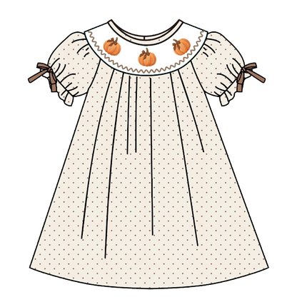 Girls Fall Pumpkin Smocked Embroidery Sibling Outfits – Thanksgiving Dress, Pants Set & Baby Romper