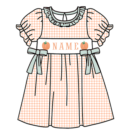 Personalized Pumpkin Smocked Embroidery Collection | Baby Bubble Romper, Long Romper, Dress & Pant Set | Fall & Halloween Boutique Kids Clothing