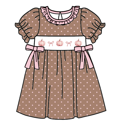 Fall Pumpkin Smocked Embroidered Girls Matching Collection – Dress, Pants Set & Baby Romper