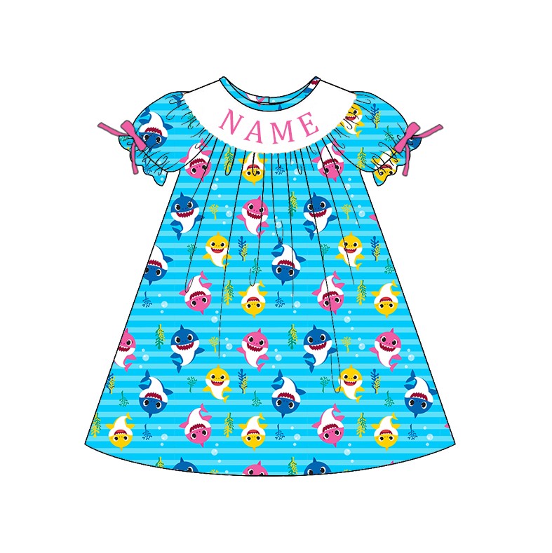 Custom Name Smocked Embroidery Baby & Toddler Shark Print Clothing Set | Personalized Boutique Kids Outfit