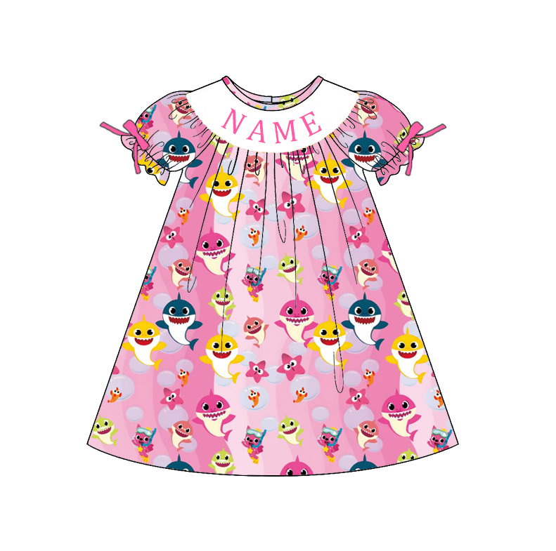 Custom Name Smocked Embroidery Baby Girl Shark Print Outfit Set | Personalized Boutique Toddler Clothing Collection