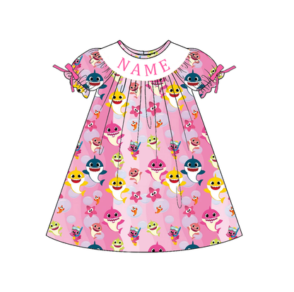 Custom Name Smocked Embroidery Baby Girl Shark Print Outfit Set | Personalized Boutique Toddler Clothing Collection