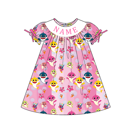 Custom Name Smocked Embroidery Baby Girl Shark Print Outfit Set | Personalized Boutique Toddler Clothing Collection