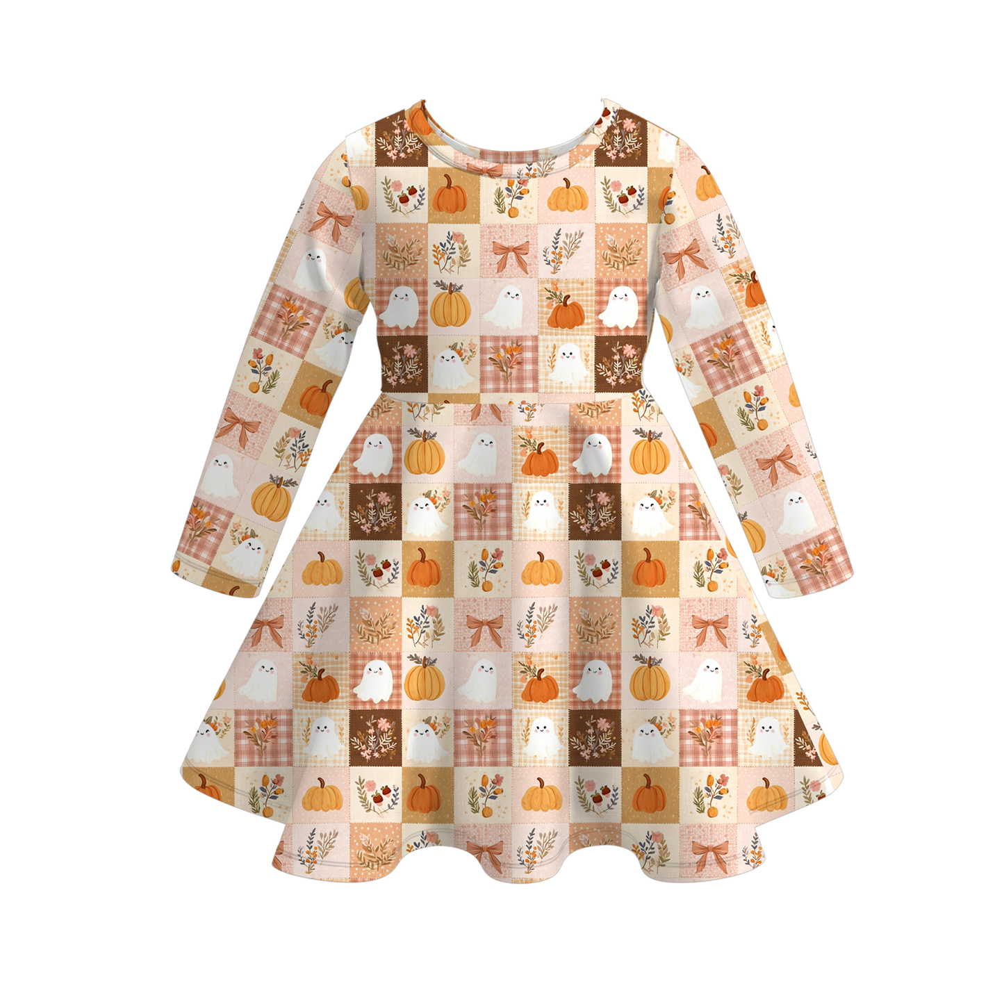 Fall Pumpkin & Ghost Patchwork Girls Dress and Two-Piece Set – Autumn Halloween Outfit